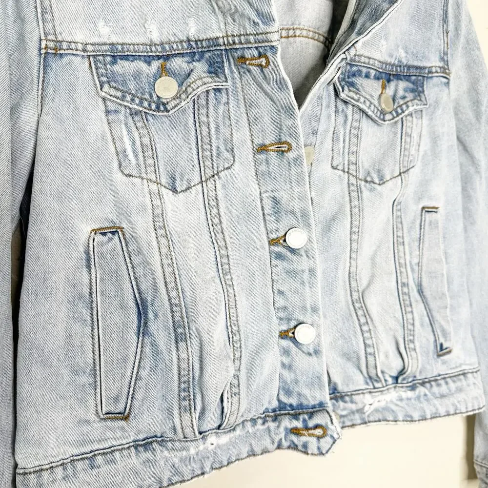 BLANKNYC Womens Jacket Long Sleeves Button Front Distressed Denim Light Wash S